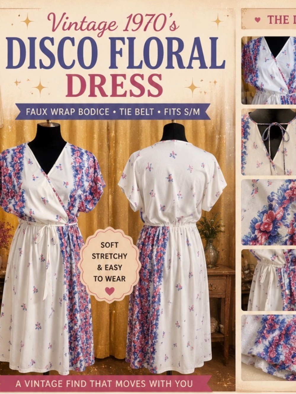 Vintage 1970’s -disco floral dress- faux wrap bodice - tie belt- fits S/M
